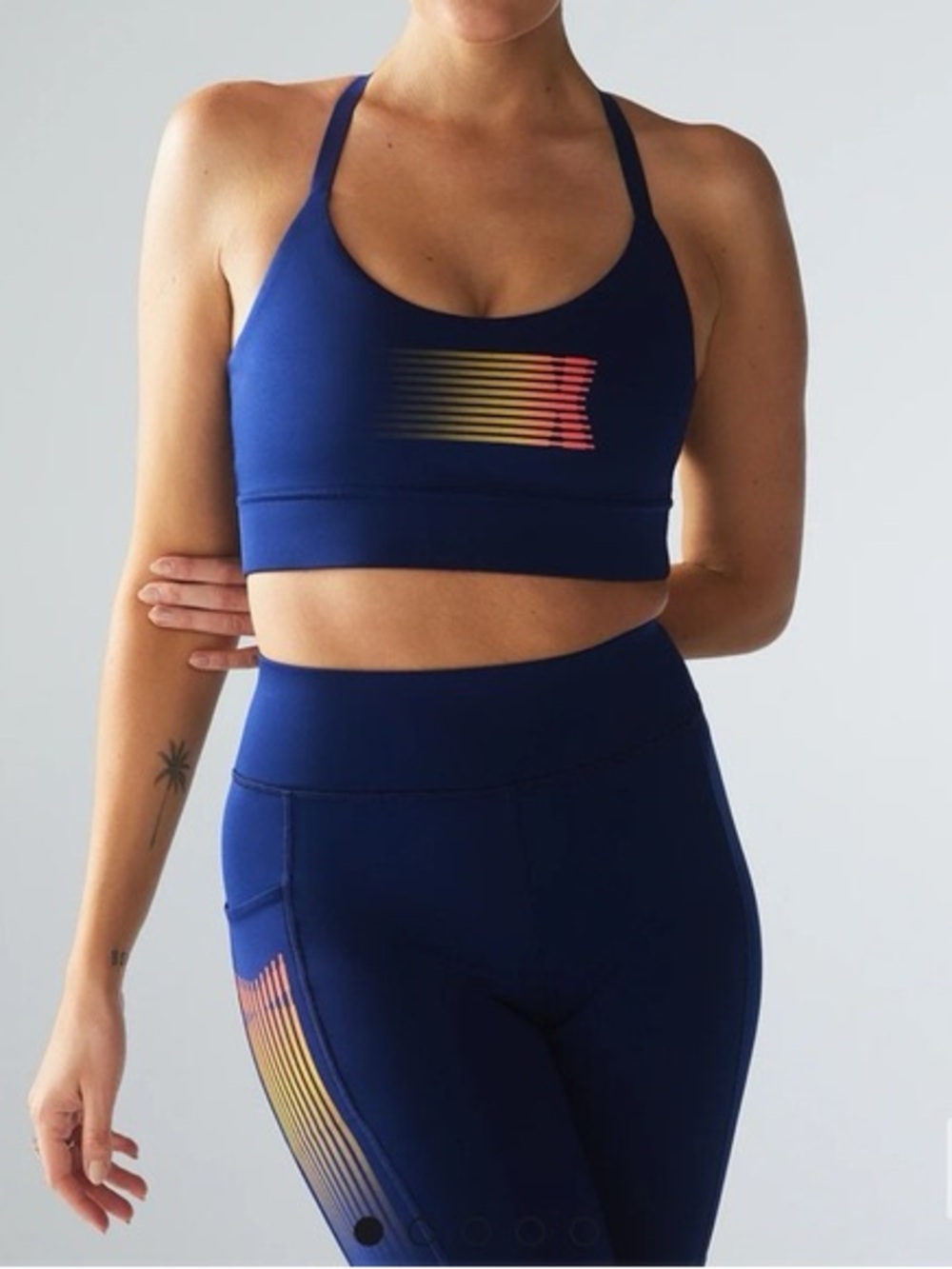 Savage X Fenty Navy set of Sports Bra with Sunset Gradient Stripe shorts
